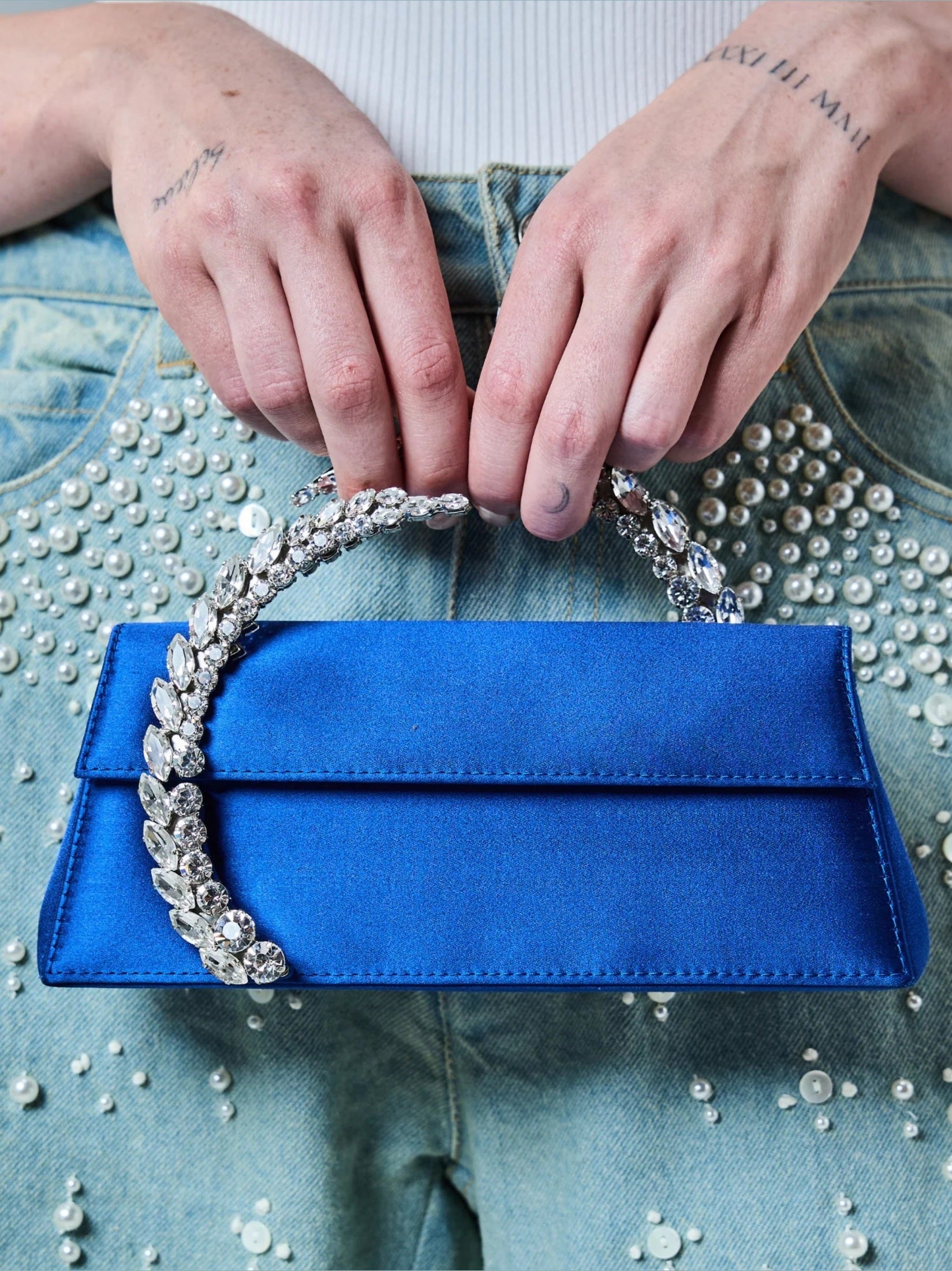 Karma Stone-Encrusted Satin Clutch Electric Blue