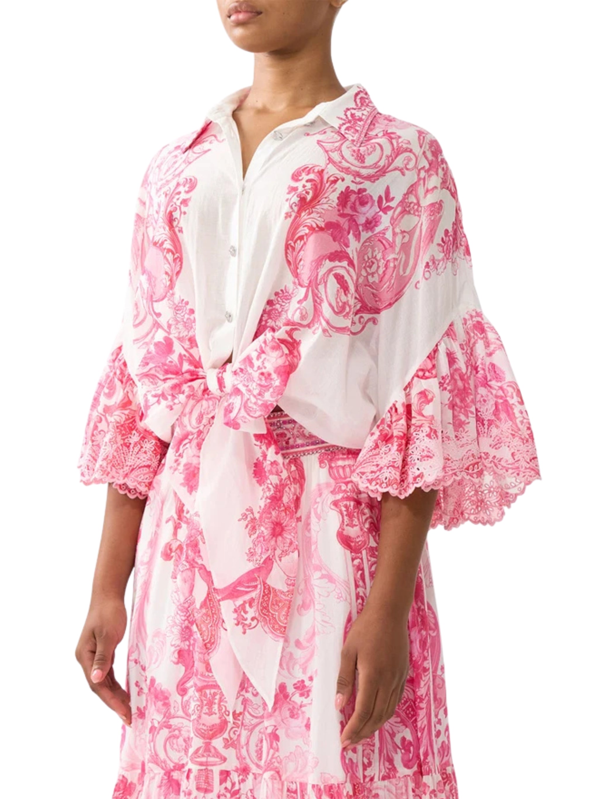 Tie front shirt with sleeve frill