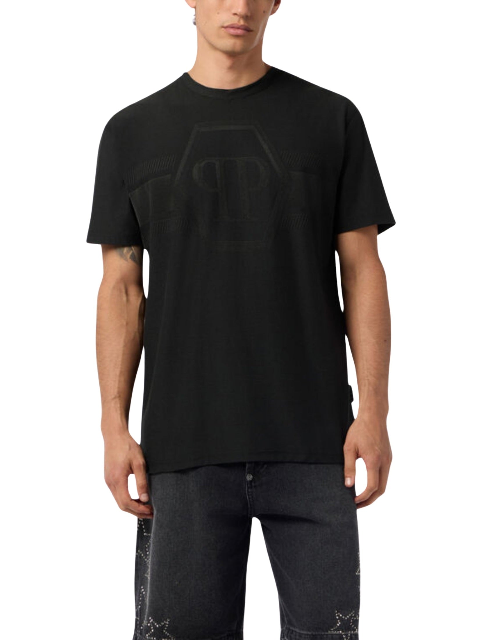 Round neck t-shirt jacquard hexagon line