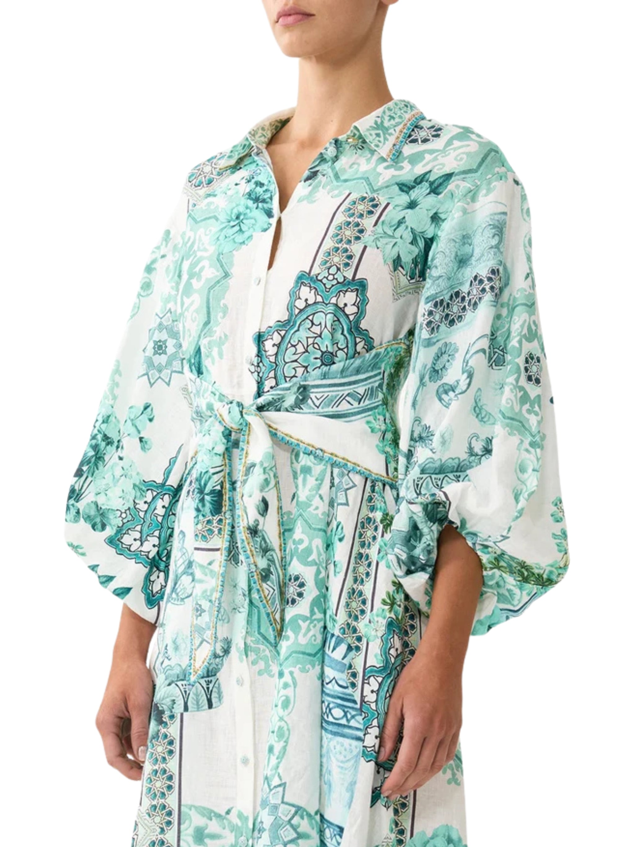 Waist tie shirt dress with bubble sleeve