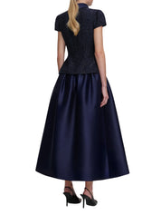 NAVY BOUCLÉ TAFFETA MIDI DRESS