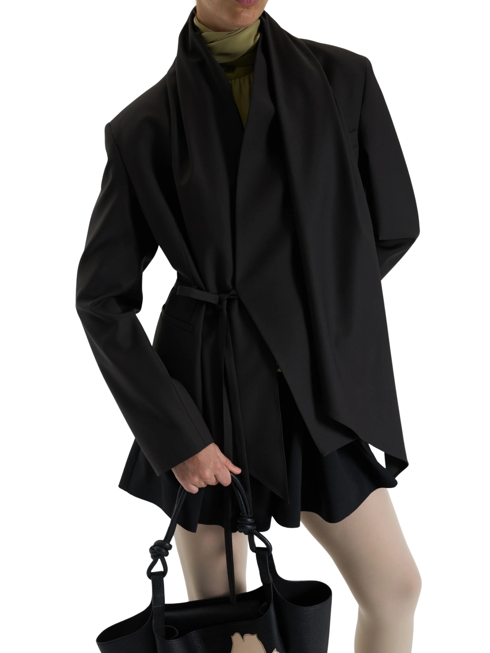 KHAKI BELTED DRAPED JACKET