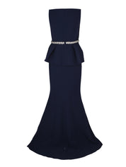 Sleeveless high boatneck gown with flared peplum