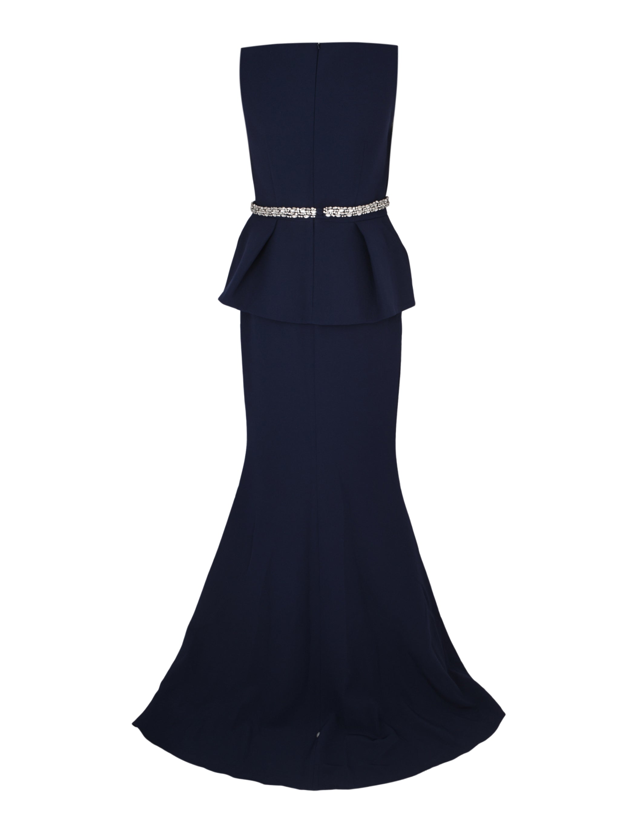 Sleeveless high boatneck gown with flared peplum