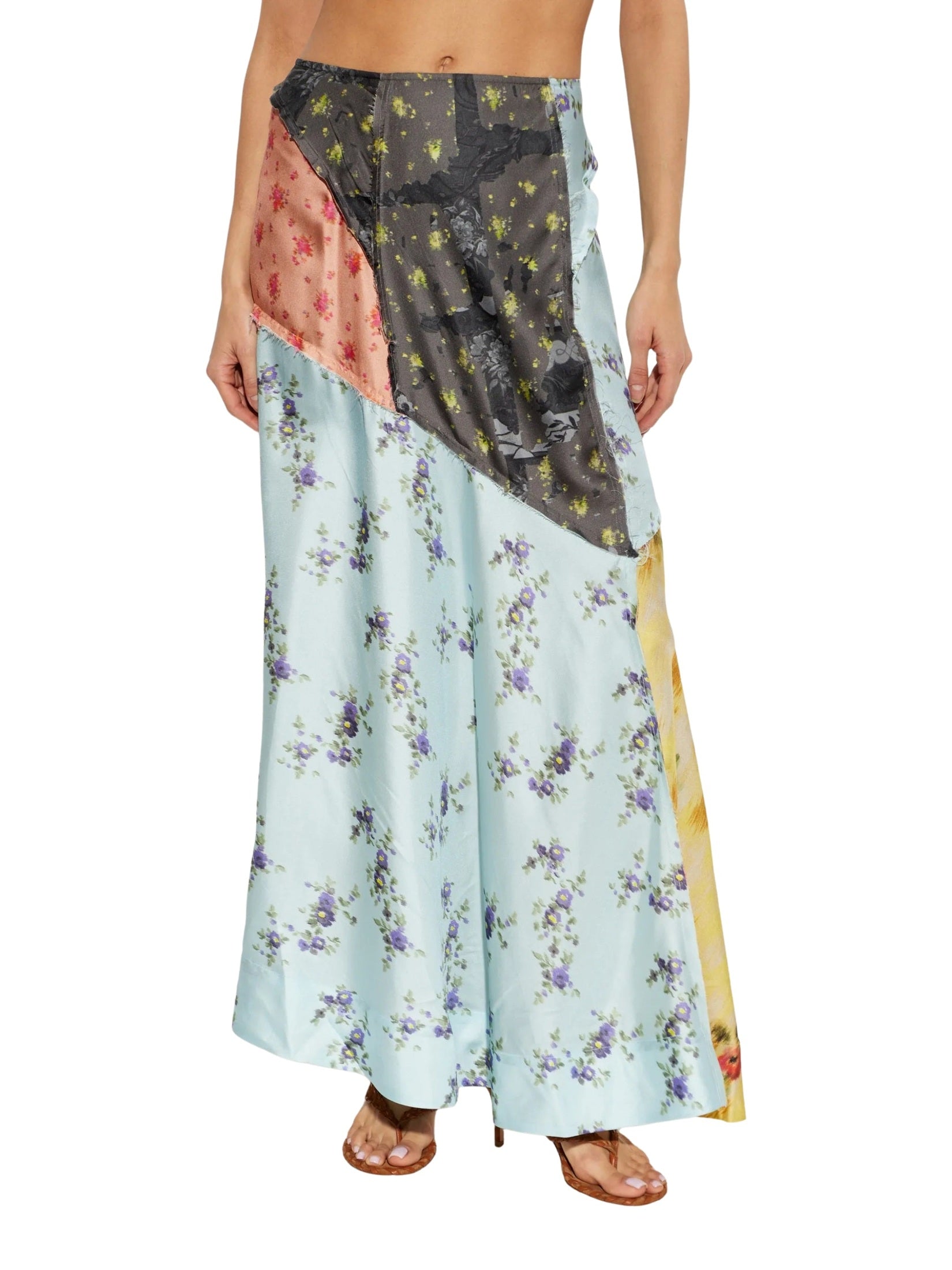 Multi printed silk twill fluid skirt