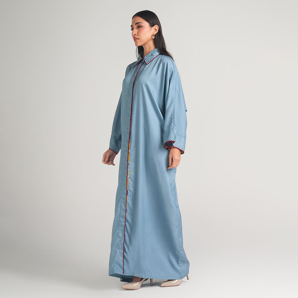 BLUE TENCEL COLLAR DRESS WITH SCARF