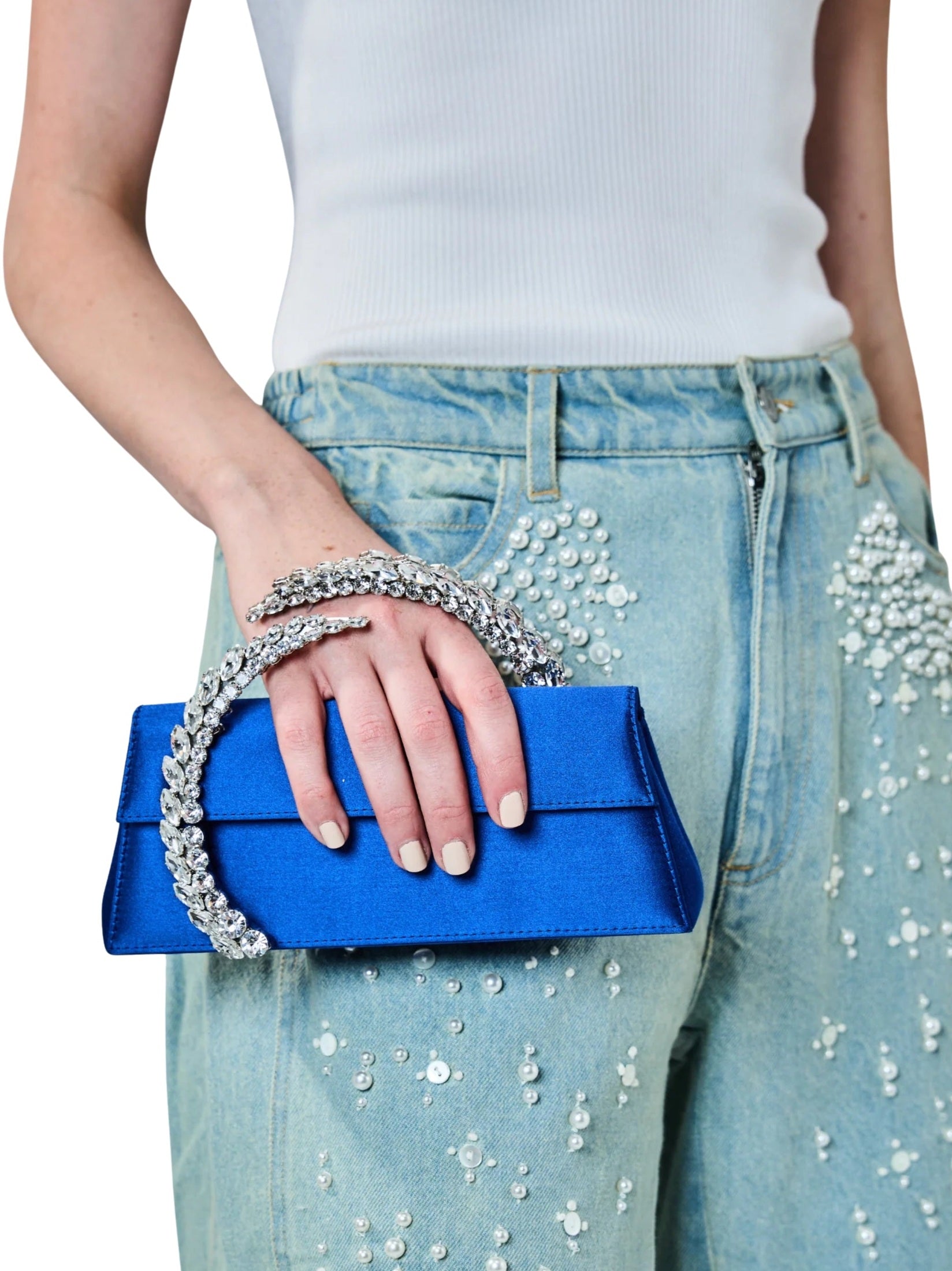 Karma Stone-Encrusted Satin Clutch Electric Blue