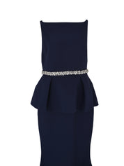 Sleeveless high boatneck gown with flared peplum