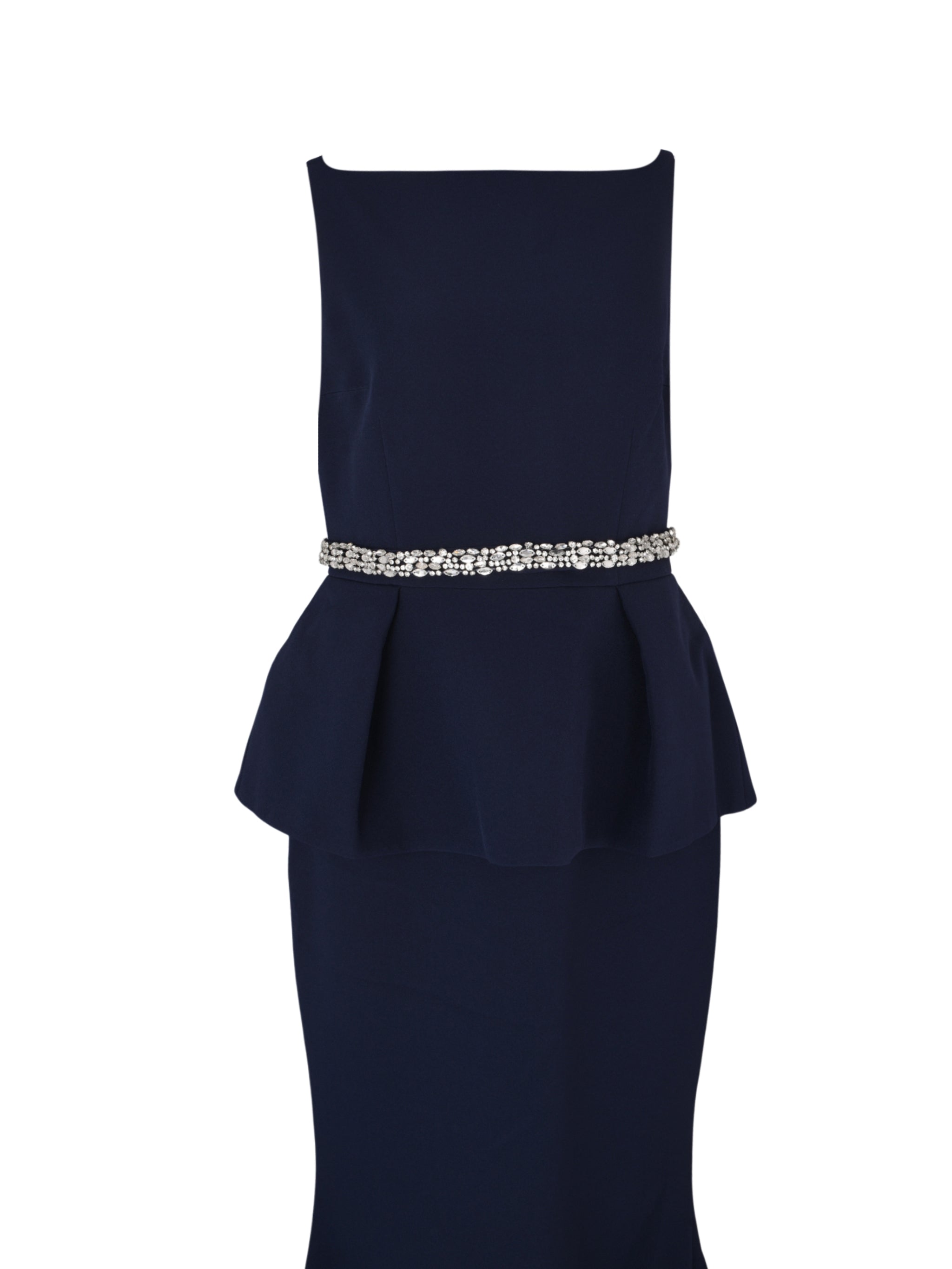 Sleeveless high boatneck gown with flared peplum