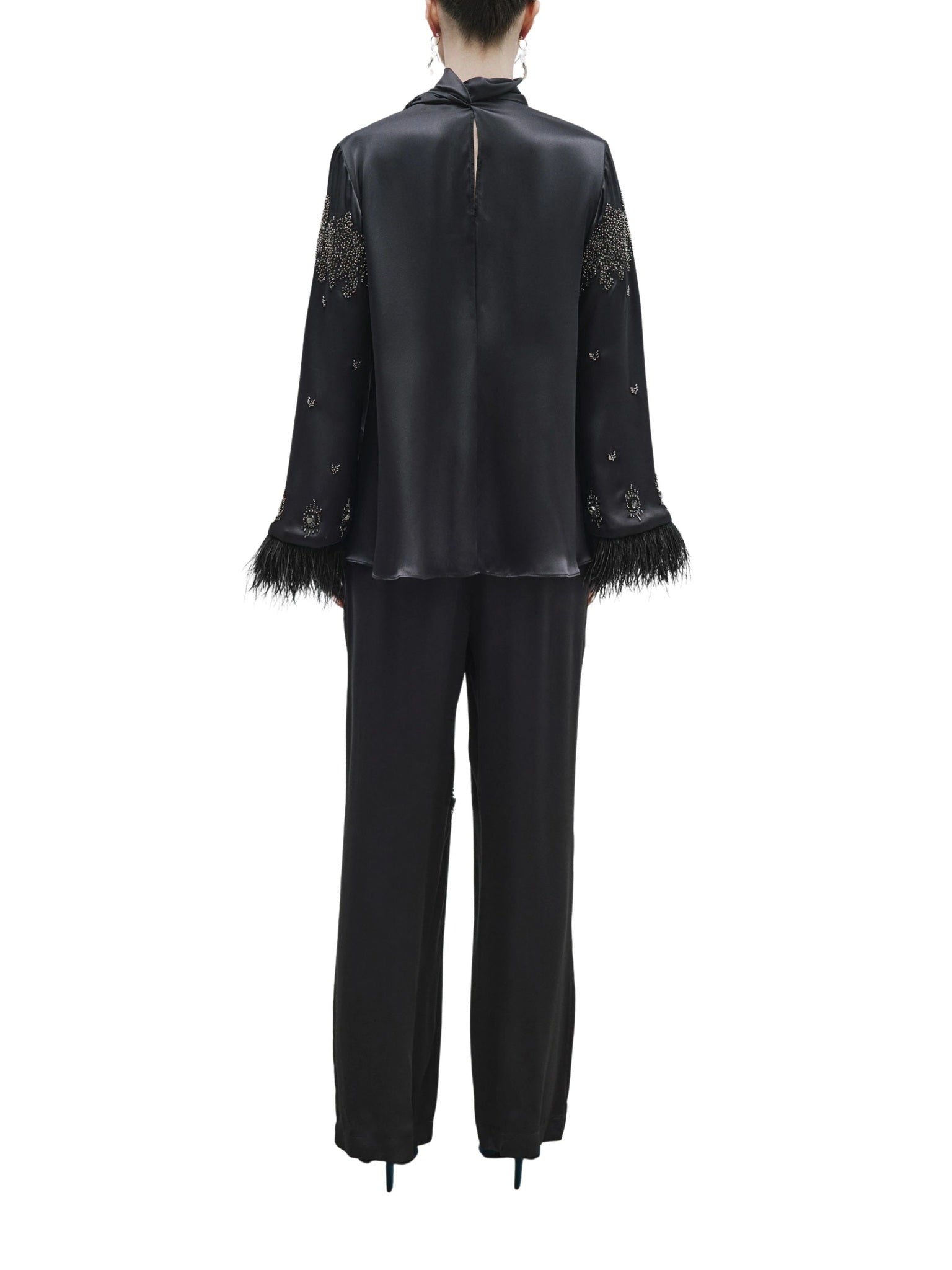 Embroidered and Feather Detailed Satin Blouse