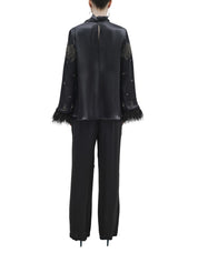 Embroidered and Feather Detailed Satin Blouse