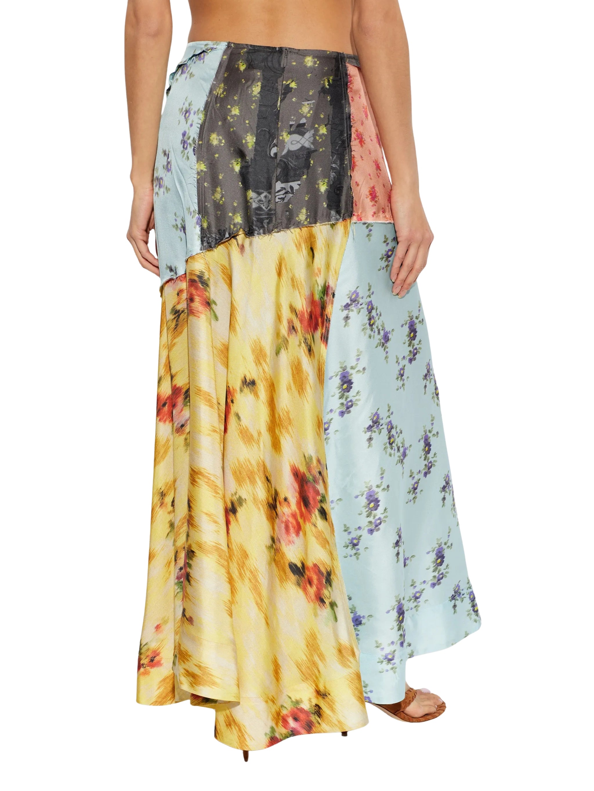 Multi printed silk twill fluid skirt