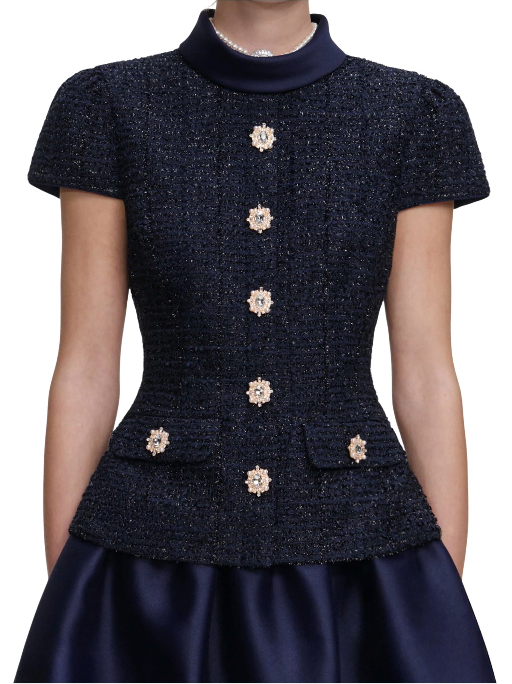 Navy bouclé taffeta midi dress