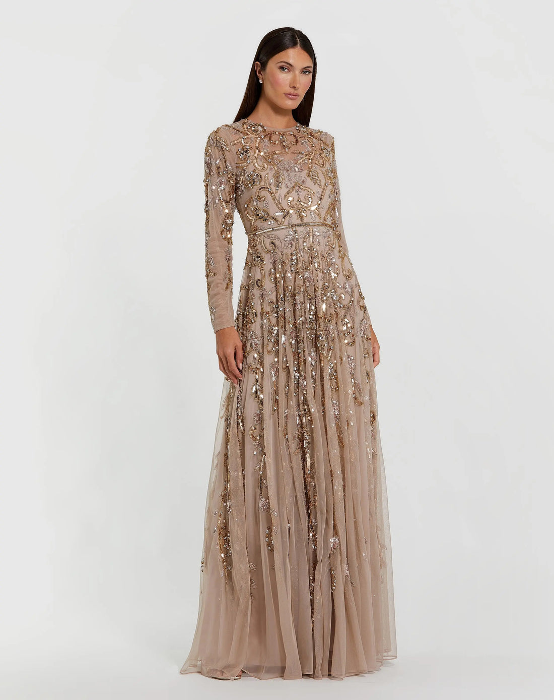 LONG SLEEVE MESH EMBELLISHED GOWN
