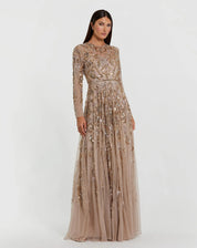 LONG SLEEVE MESH EMBELLISHED GOWN