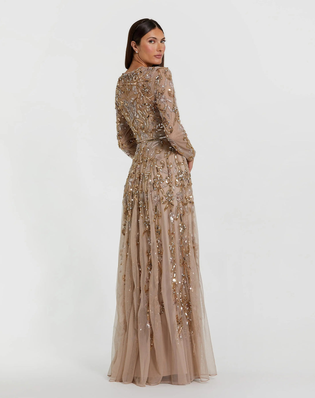 LONG SLEEVE MESH EMBELLISHED GOWN