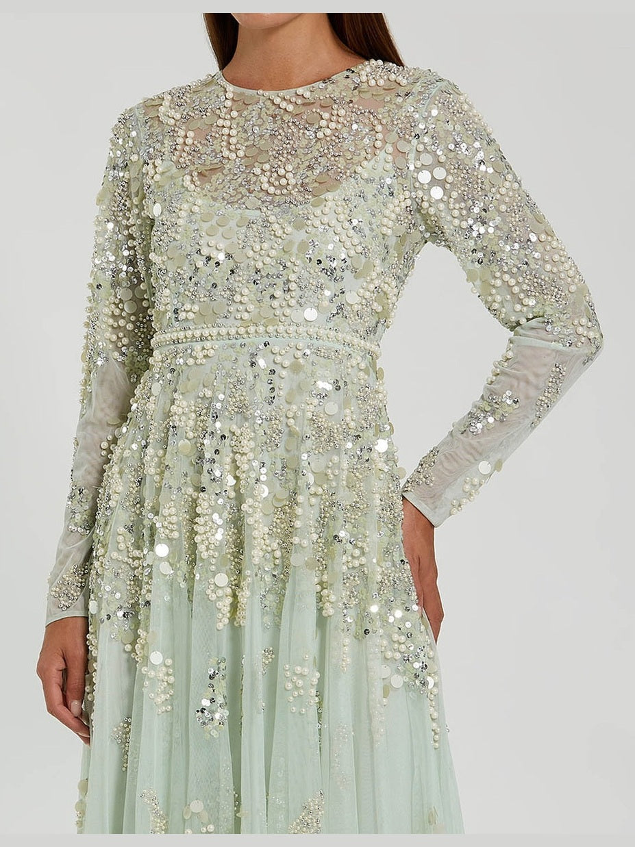 Green long sleeve sequin pearl embellished gown