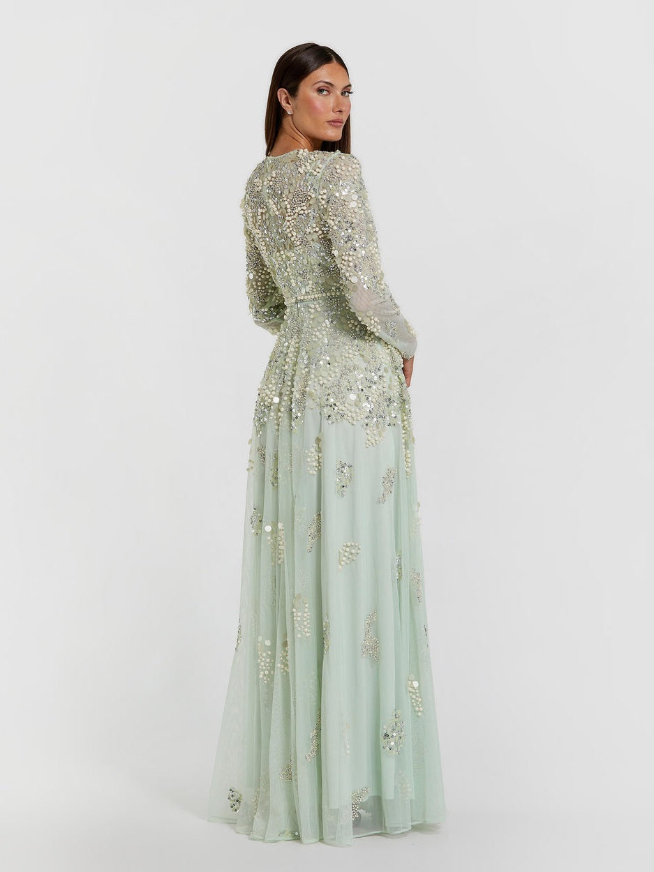Green long sleeve sequin pearl embellished gown