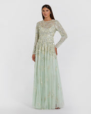 Green long sleeve sequin pearl embellished gown