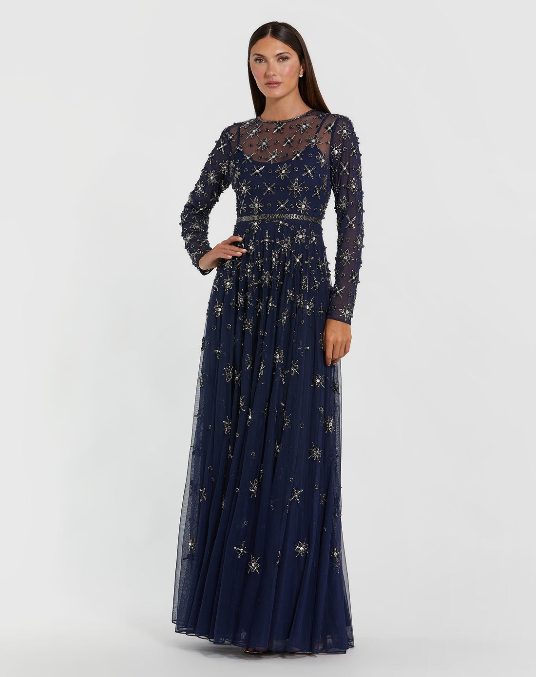 LONG SLEEVE MESH CRYSTAL EMBELLISHED GOWN
