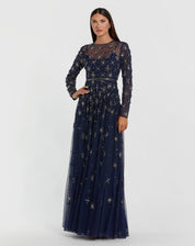 LONG SLEEVE MESH CRYSTAL EMBELLISHED GOWN