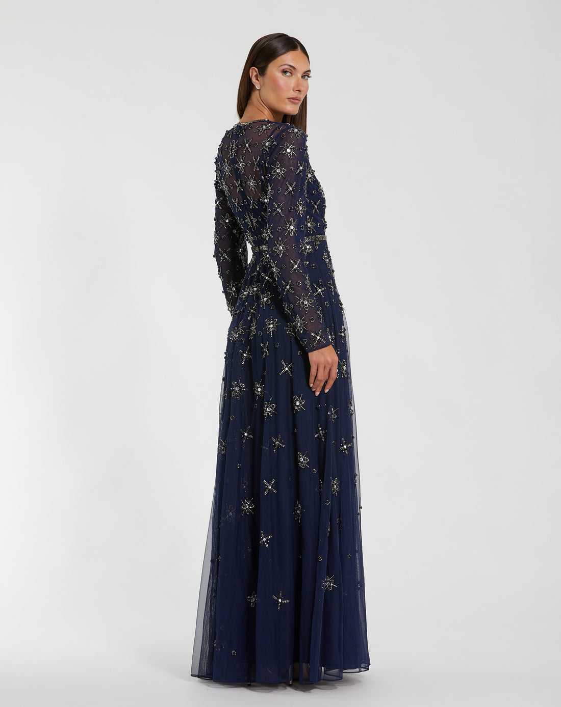 LONG SLEEVE MESH CRYSTAL EMBELLISHED GOWN