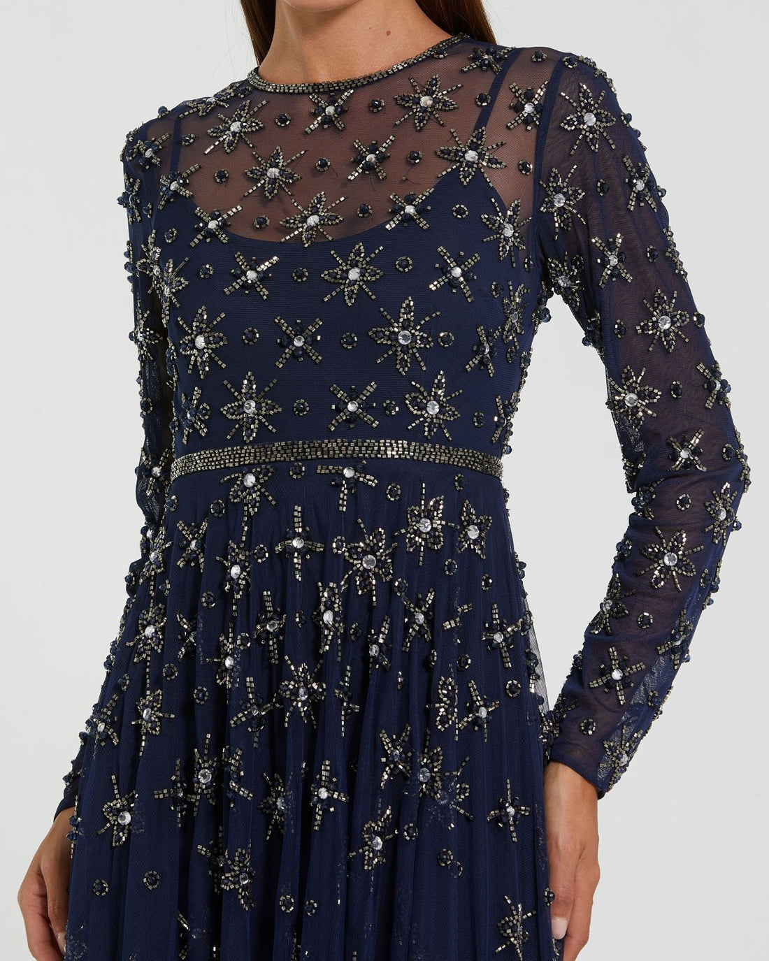 LONG SLEEVE MESH CRYSTAL EMBELLISHED GOWN