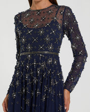 LONG SLEEVE MESH CRYSTAL EMBELLISHED GOWN