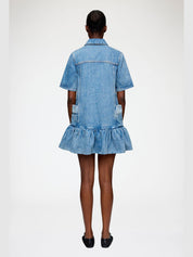 Patchwork denim peplum mini dress