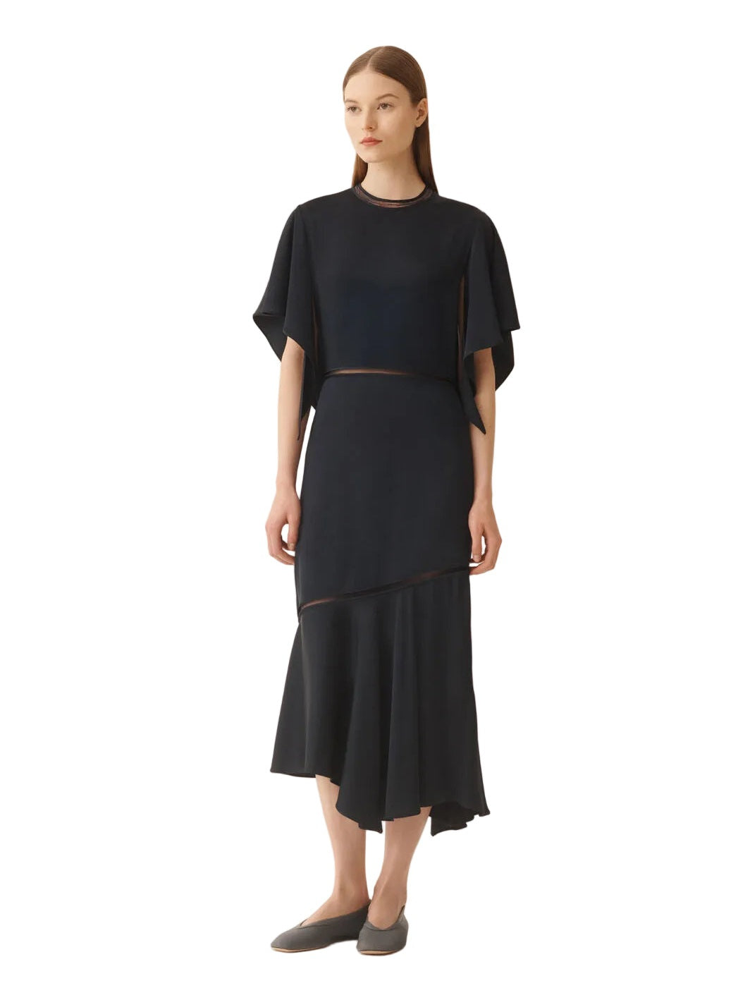 Shiny enver satin midi dress with flared sleeve
