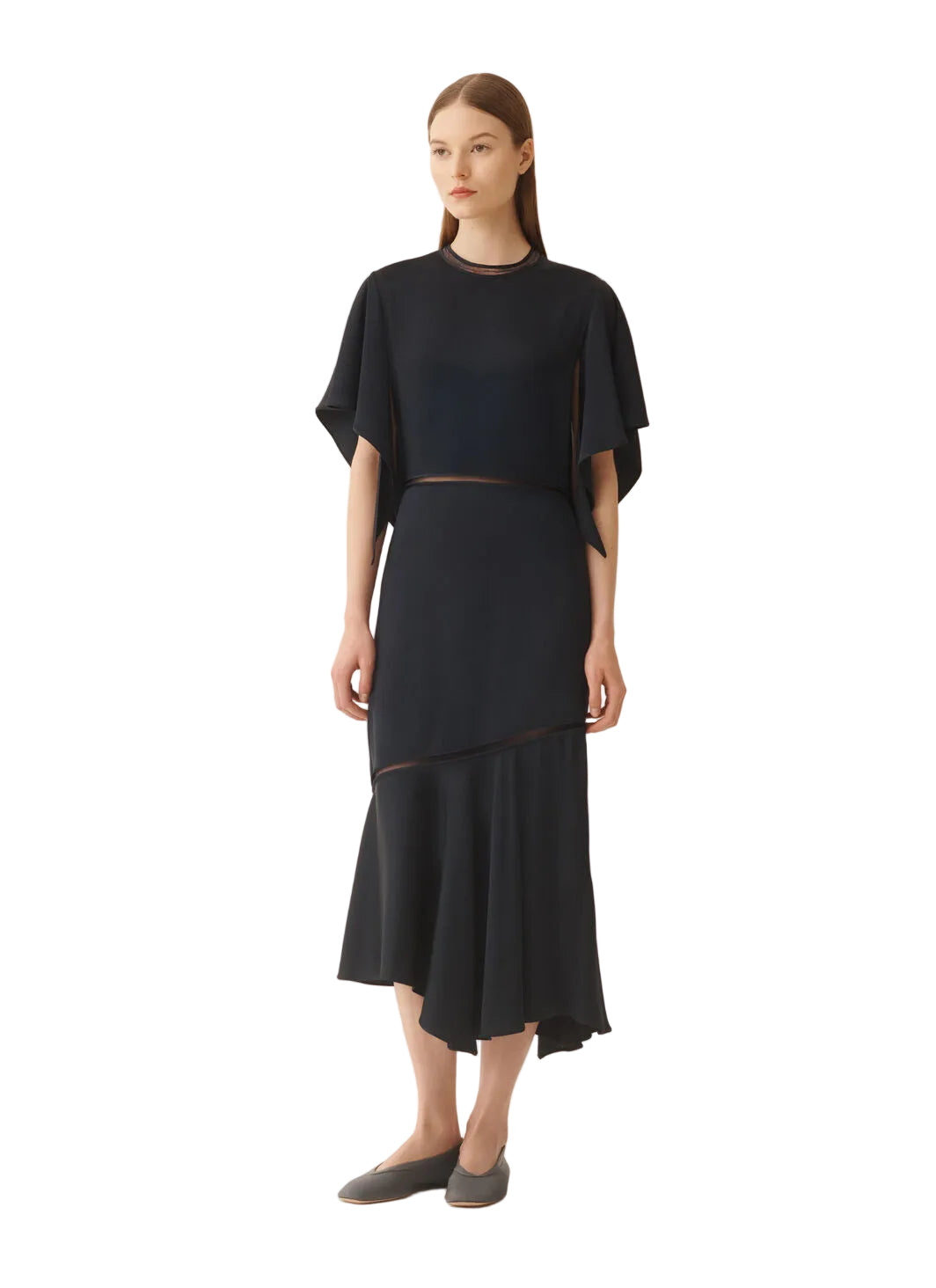 Shiny enver satin midi dress with flared sleeve