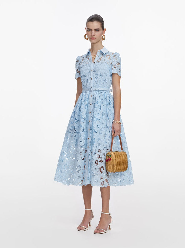 Blue lace collared midi dress