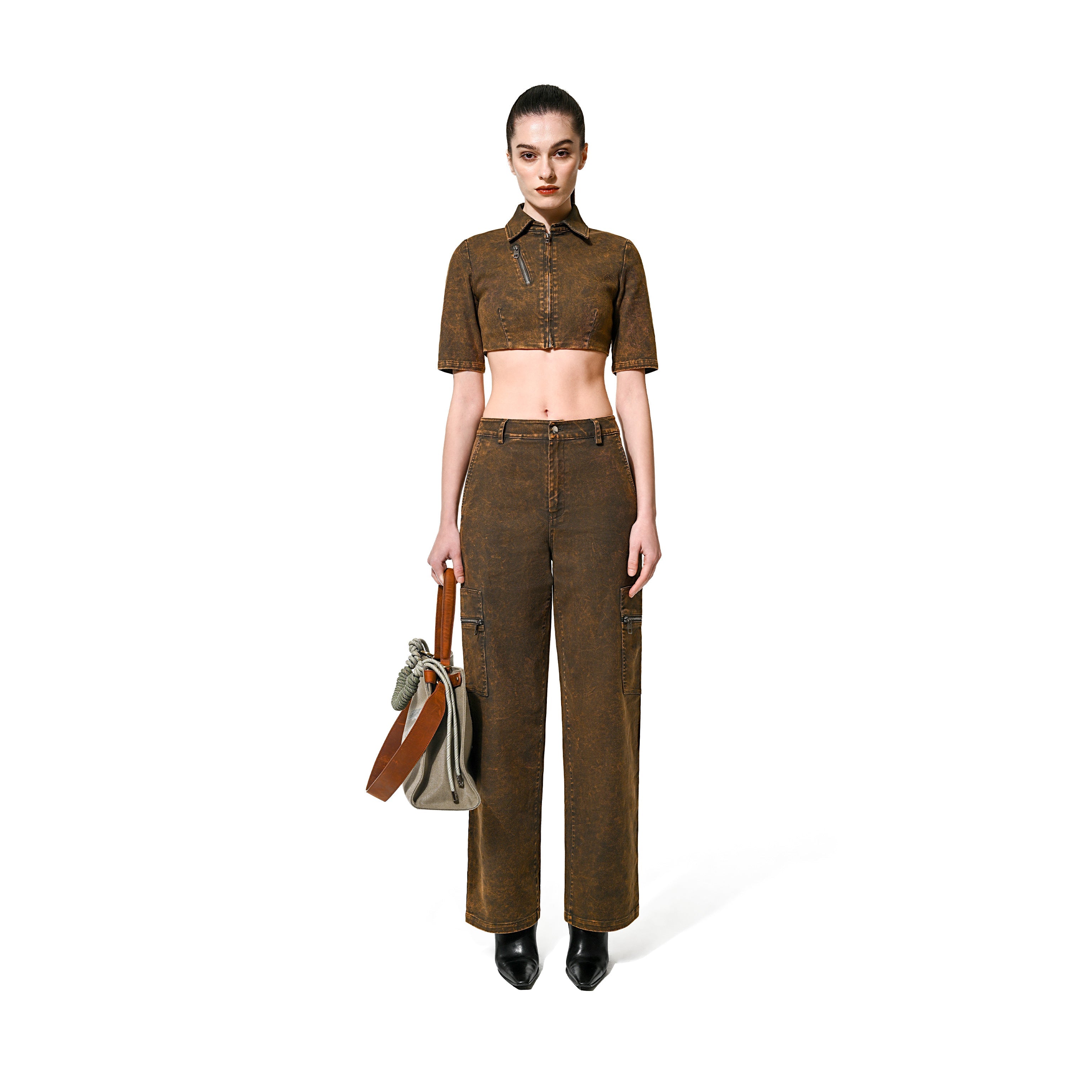 CROPPED OVER DYE ZIP TOP - CARAMEL
