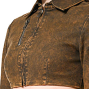 CROPPED OVER DYE ZIP TOP - CARAMEL