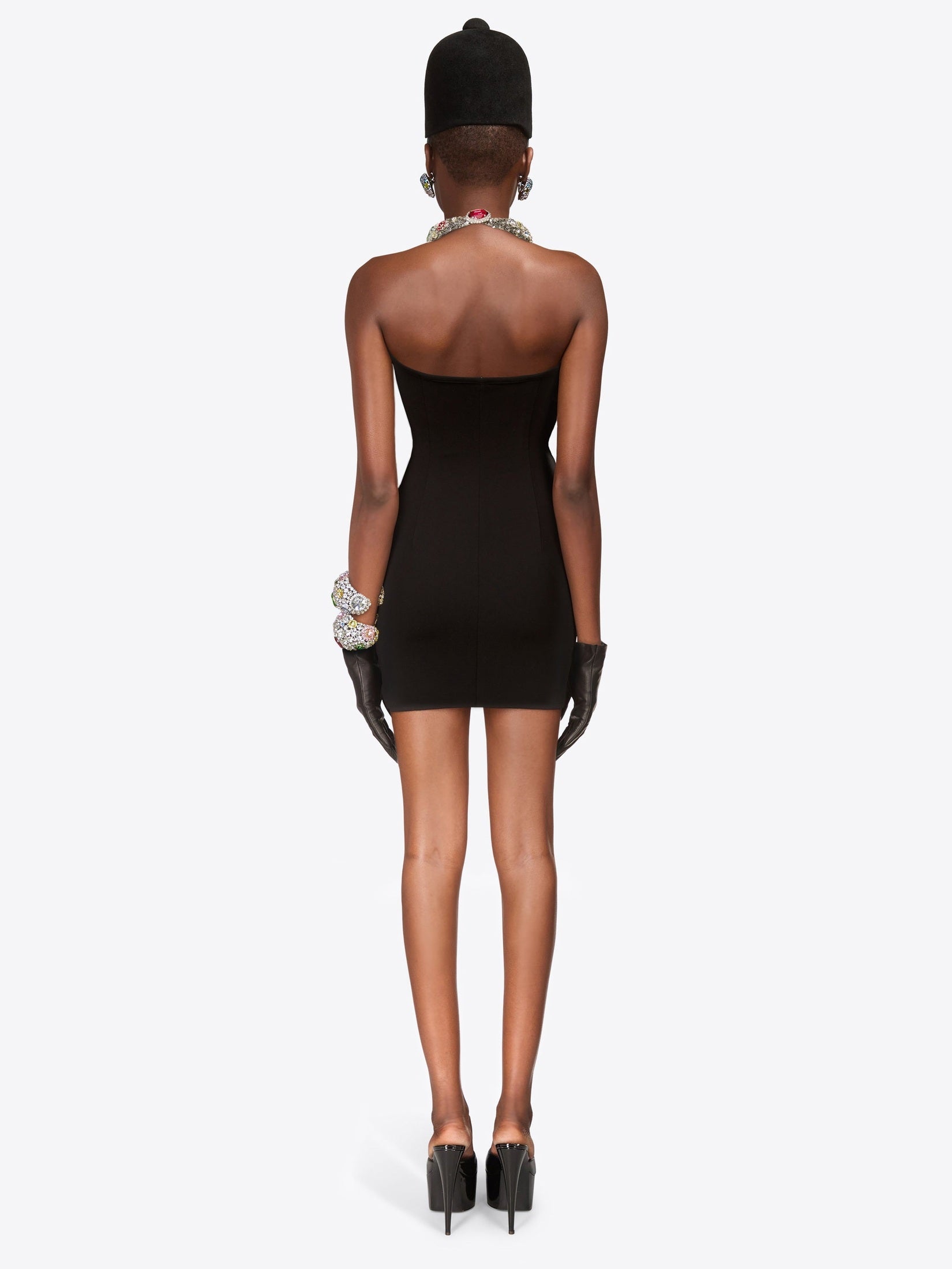 Crystal gemstone cluster halter mini dress