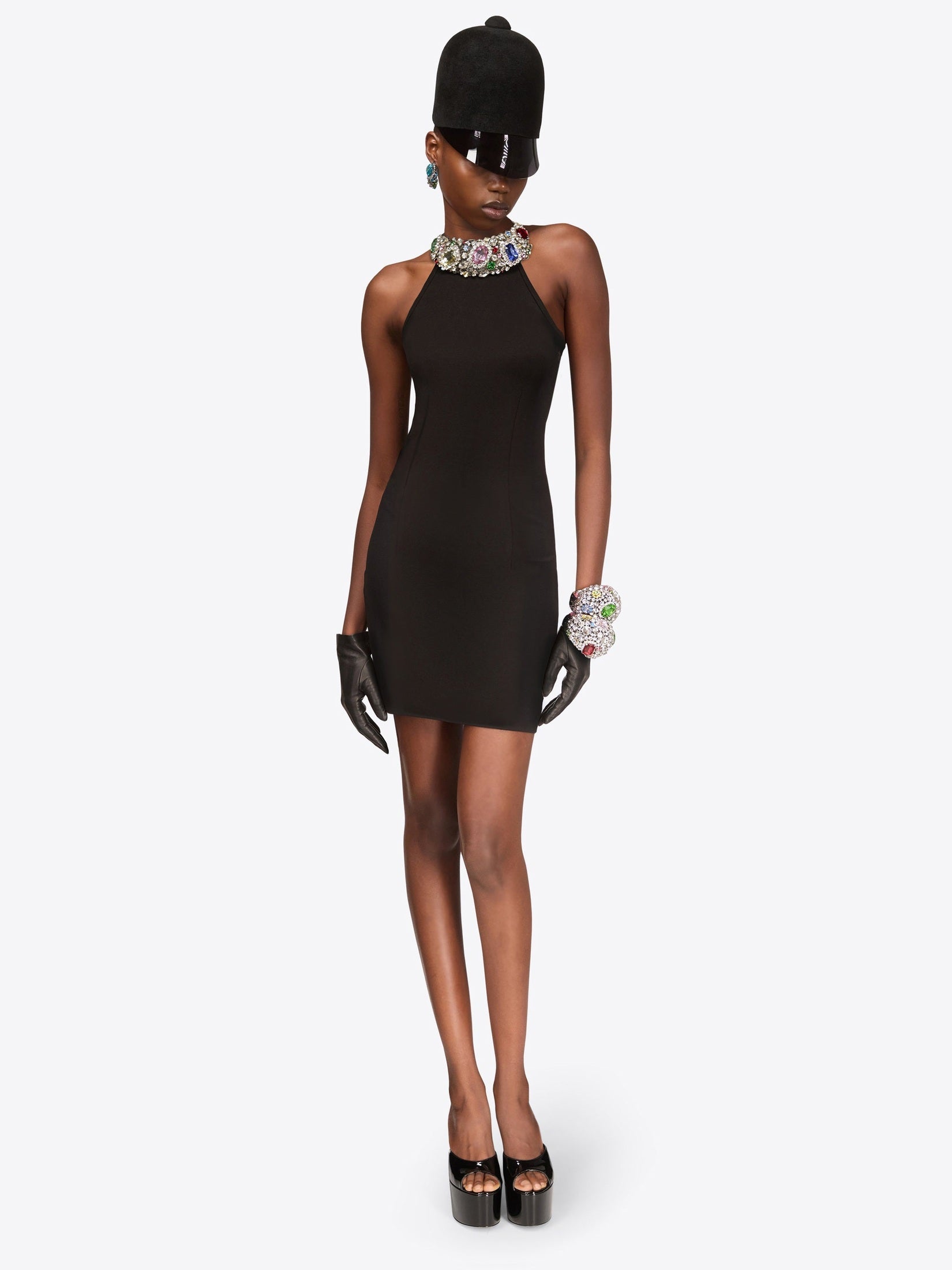 Crystal gemstone cluster halter mini dress