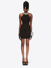 Crystal gemstone cluster halter mini dress