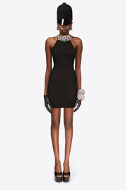 CRYSTAL GEMSTONE CLUSTER HALTER MINI DRESS