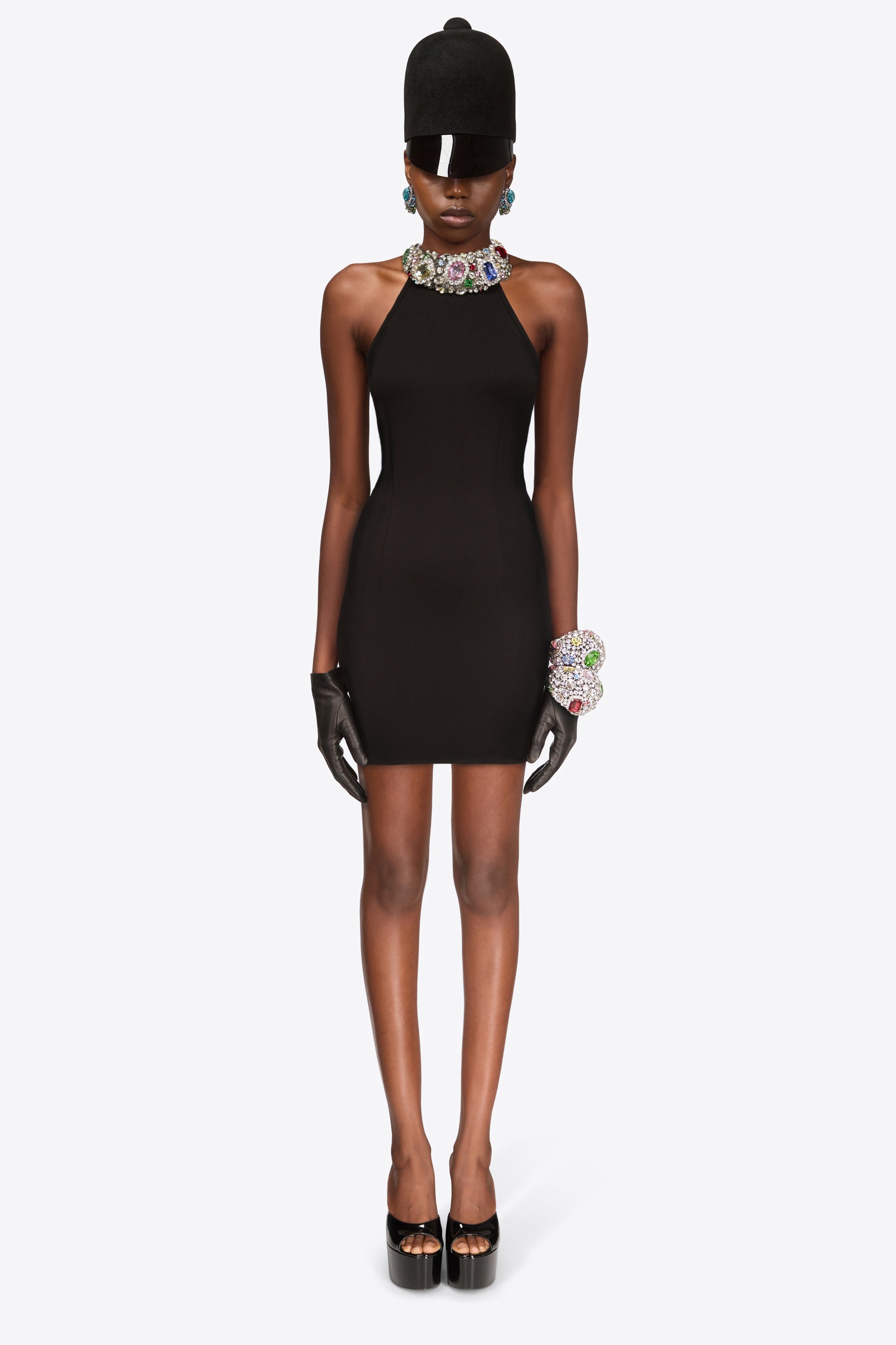 CRYSTAL GEMSTONE CLUSTER HALTER MINI DRESS