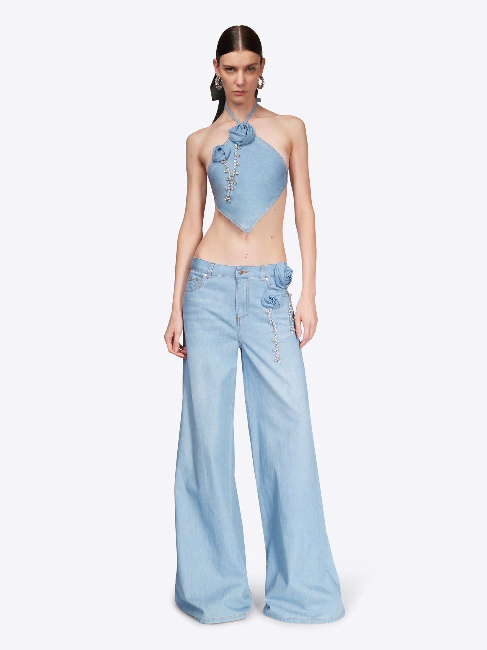 Crystal rosette wide leg jean