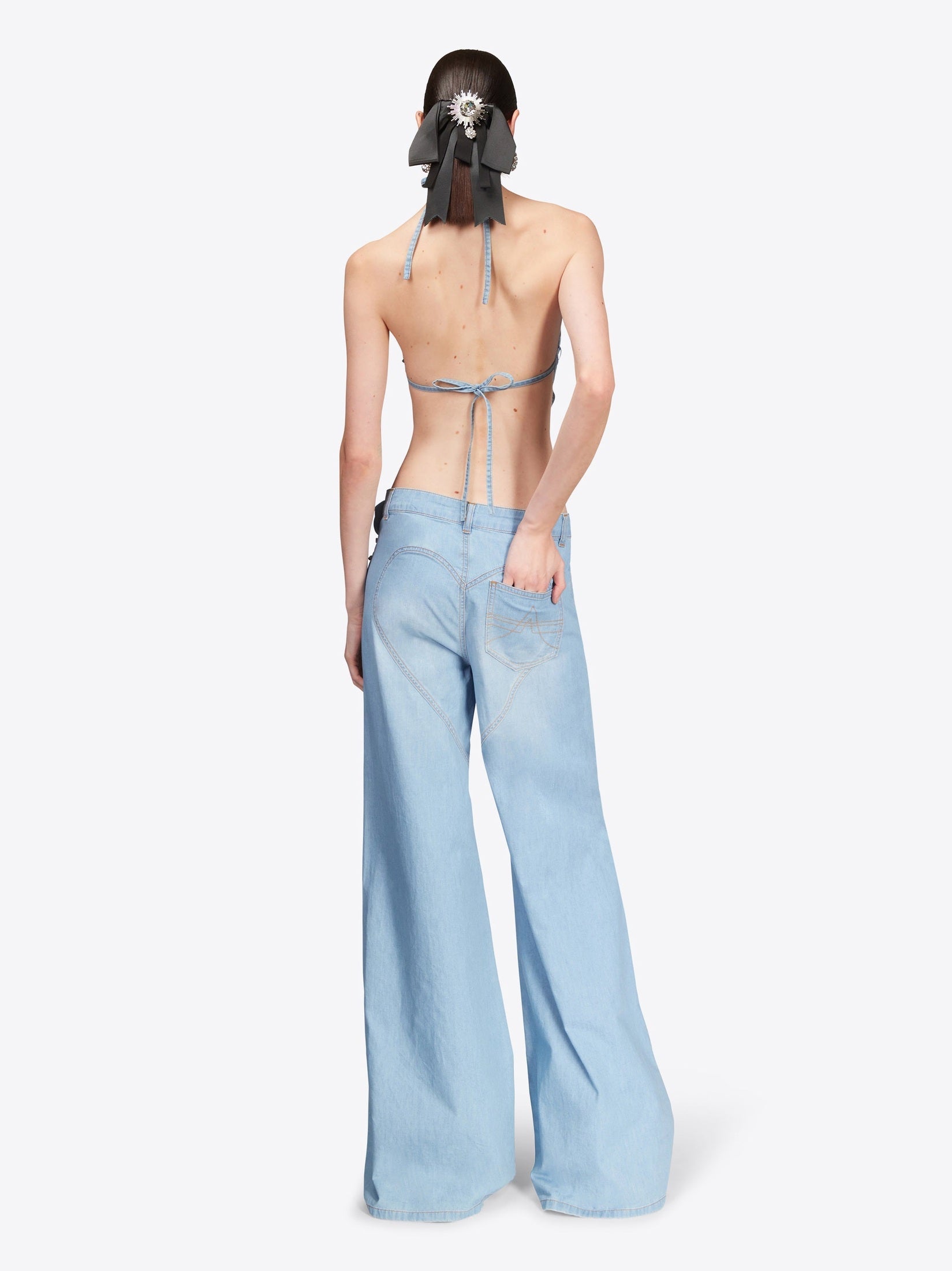 Crystal rosette wide leg jean