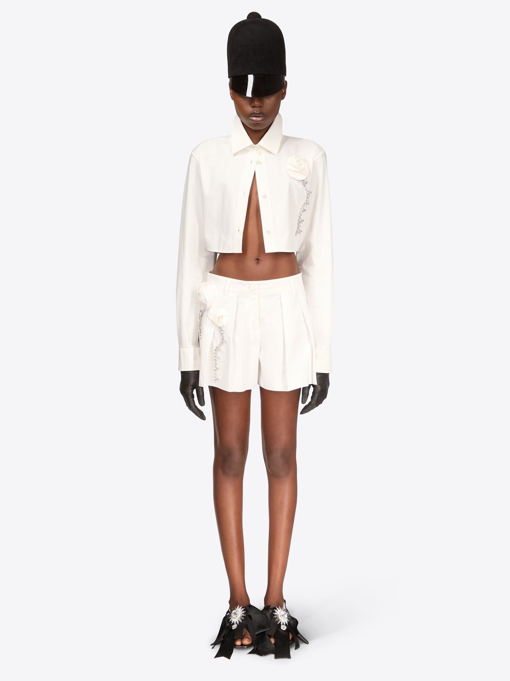 Crystal rosette poplin cropped shirt