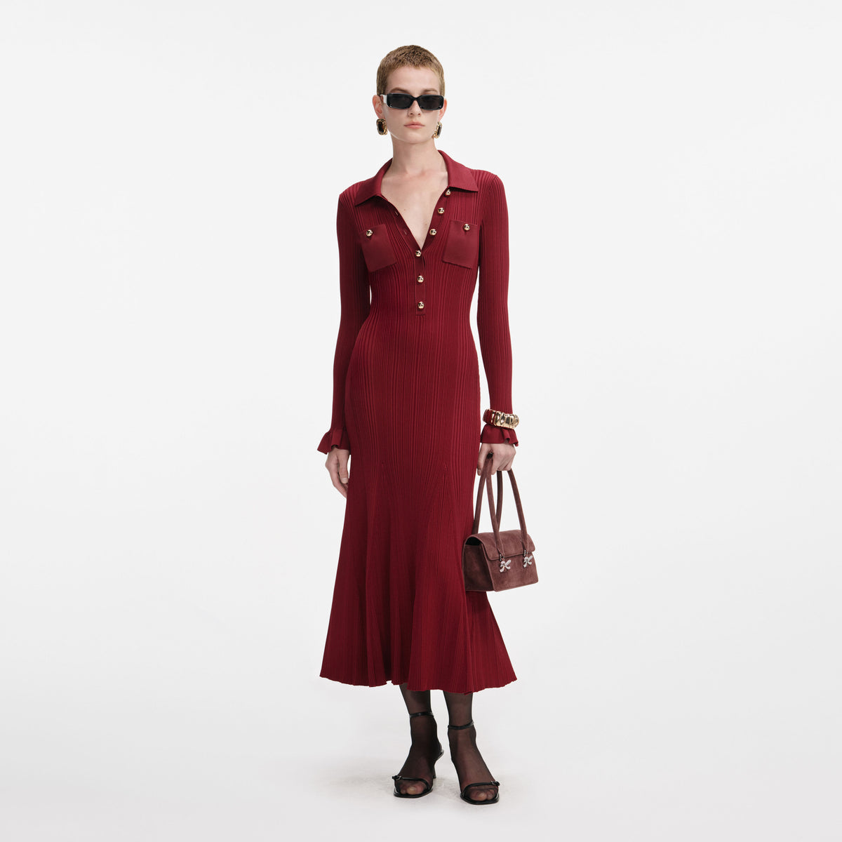 BURGUNDY RIBBED KNIT MIDI DRESS