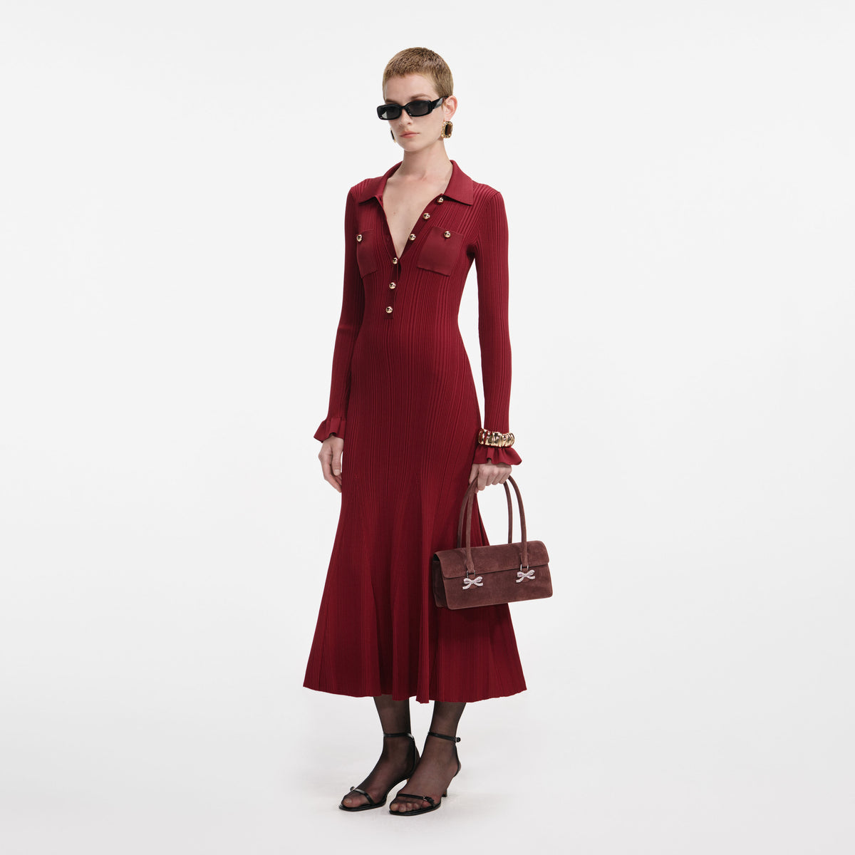 BURGUNDY RIBBED KNIT MIDI DRESS