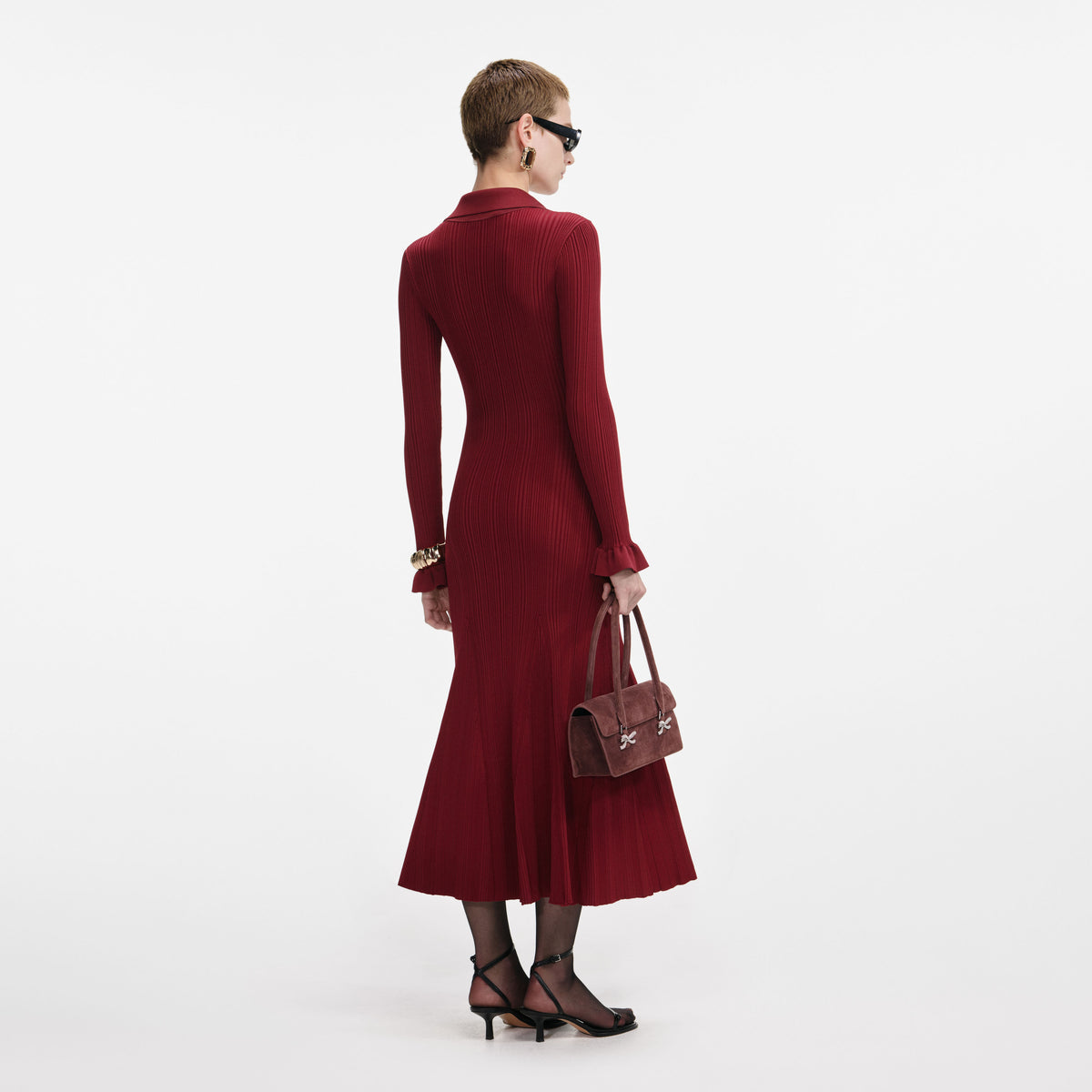 BURGUNDY RIBBED KNIT MIDI DRESS