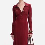 BURGUNDY RIBBED KNIT MIDI DRESS