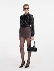 Black metallic pussy bow blouse