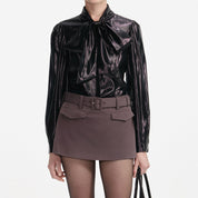 BLACK METALLIC PUSSY BOW BLOUSE