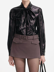 Black metallic pussy bow blouse