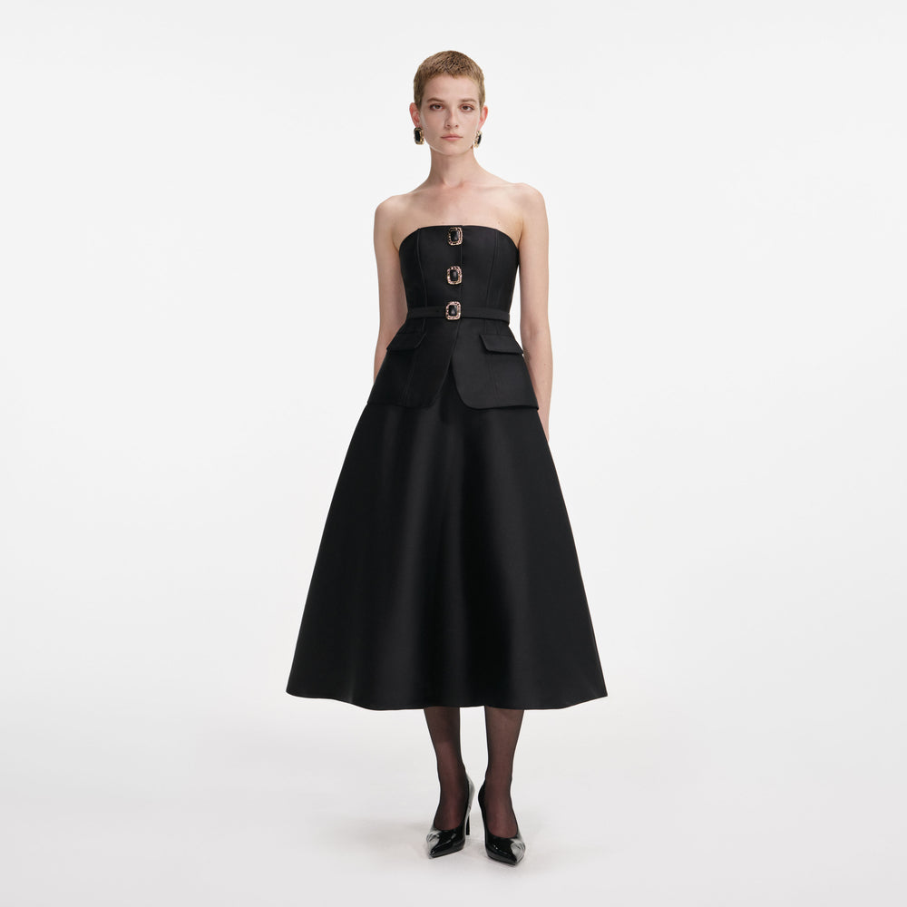 BLACK TAFFETA BANDEAU MIDI DRESS